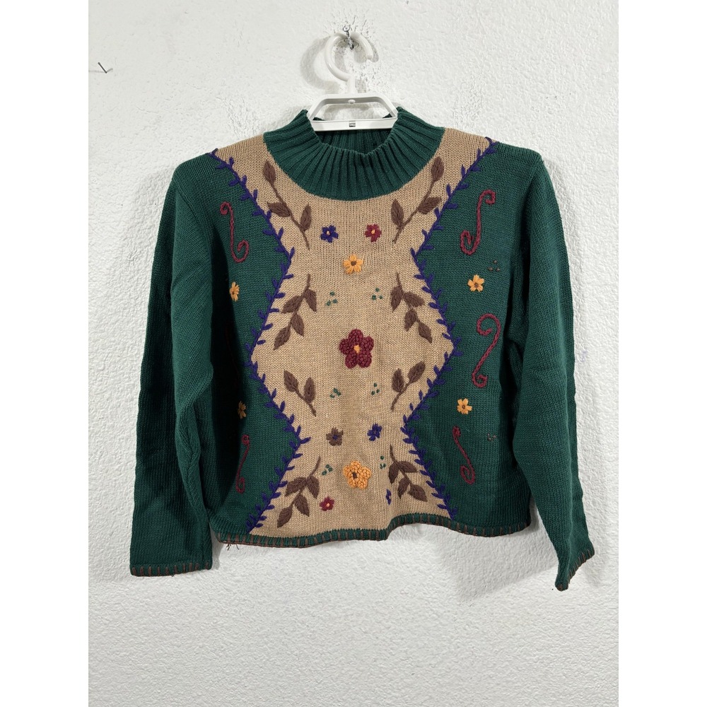 Vintage Spice Of Life Sweater Womens Large Green Floral Cropped Cottagecore 90s